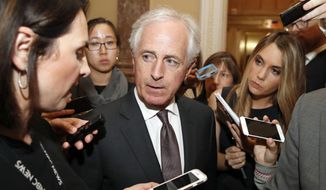 Senate Foreign Relations Committee Chairman Bob Corker, of Tennessee speaks with reporters after a policy luncheon on Capitol Hill, Tuesday, May 8, 2018 in Washington. President Trump says the United States is withdrawing from the Iran nuclear deal, which he called &quot;defective at its core.&quot;  (AP Photo/Alex Brandon)