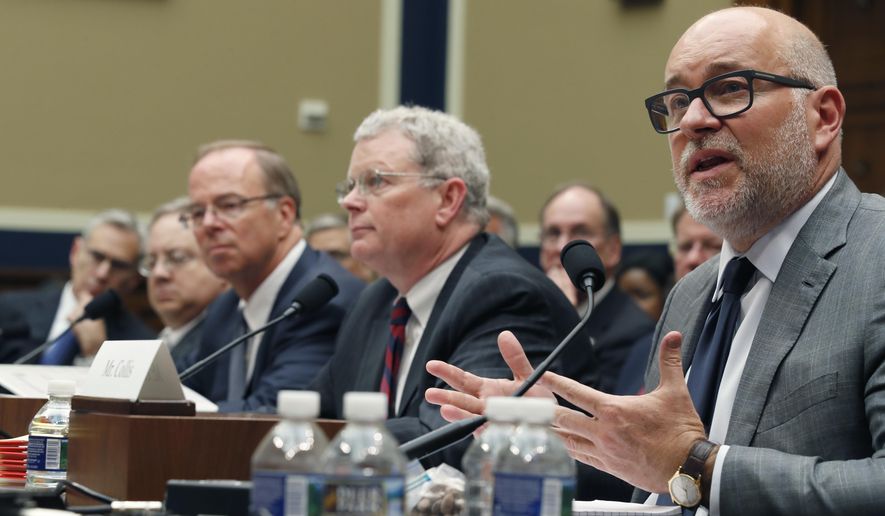 George Barrett, far left, executive chairman of the board, Cardinal Health Inc., Dr. Joseph Mastandrea, chairman of the board, Miami-Luken Inc., John Hammergren, chairman, president, and CEO, McKesson Corporation, J. Christopher Smith, former president and CEO, H.D. Smith Wholesale Drug Company, and Steven Collis, right, chairman, president, and CEO, AmerisourceBergen Corporation, testify during a hearing of the Committee on Energy and Commerce, Subcommittee on Oversight and Investigations, about combating the opioid epidemic, on Capitol Hill, Tuesday, May 8, 2018 in Washington. (AP Photo/Alex Brandon)