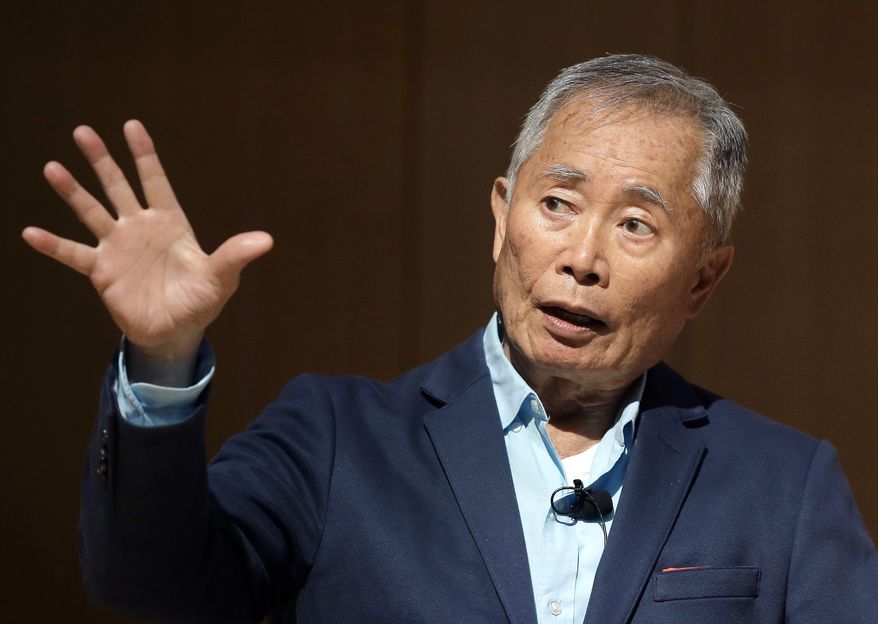 Actor George Takei, best known for his role as Hikaru Sulu on the television series &#39;Star Trek&#39; speaks about his experiences in U.S. internment camps during World War II, at an appearance at Boston Public Library, Tuesday, May 8, 2018, in Boston. Takei used his family&#39;s story as the inspiration for the Broadway musical &amp;quot;Allegiance.&amp;quot; (AP Photo/Steven Senne)