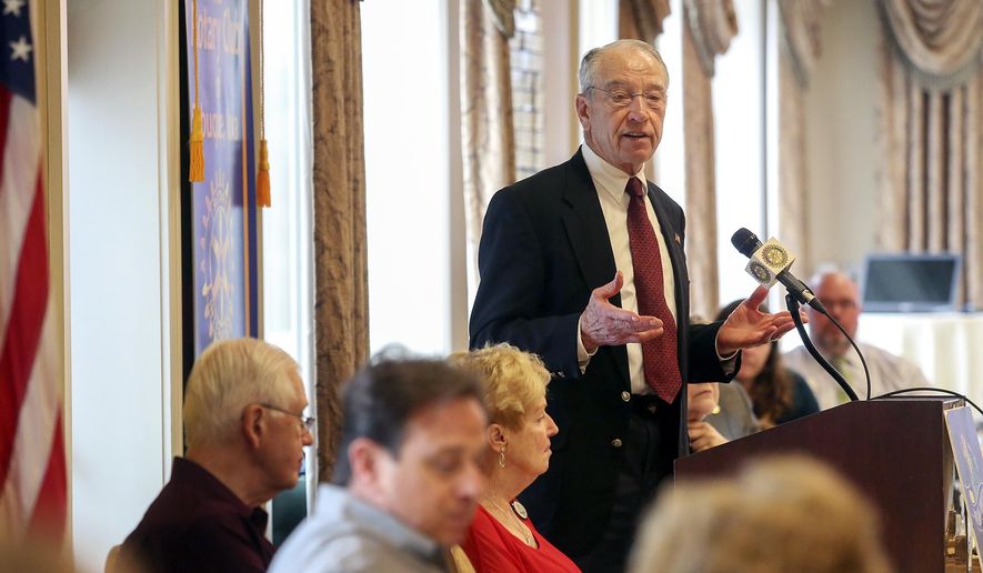 U.S. Sen. Chuck Grassley, R-Iowa, speaks during a meeting of The Rotary Club of Dubuque at Dubuque Golf & Country Club in Dubuque, Iowa, on Tuesday, May 1, 2018 (Nicki Kohl/Telegraph Herald via AP)