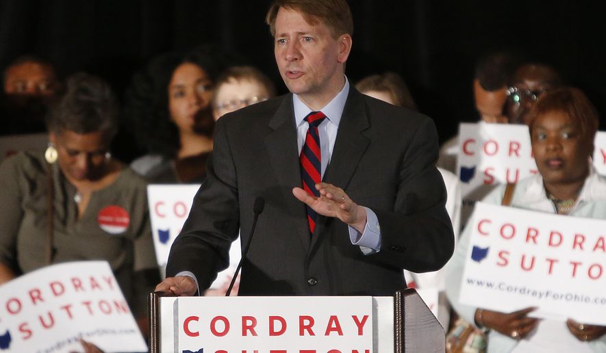 Democratic gubernatorial candidate Richard Cordray speaks to a crowd of supporters during an election night event, Tuesday, May 8, 2018, in Columbus, Ohio. Ohio's roller-coaster gubernatorial primary season was decided Tuesday as Republicans and Democrats voted for their nominees to replace term-limited Republican Gov. John Kasich. (AP Photo/Jay LaPrete)