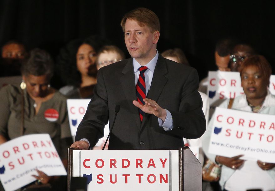Democratic gubernatorial candidate Richard Cordray speaks to a crowd of supporters during an election night event, Tuesday, May 8, 2018, in Columbus, Ohio. Ohio's roller-coaster gubernatorial primary season was decided Tuesday as Republicans and Democrats voted for their nominees to replace term-limited Republican Gov. John Kasich. (AP Photo/Jay LaPrete)