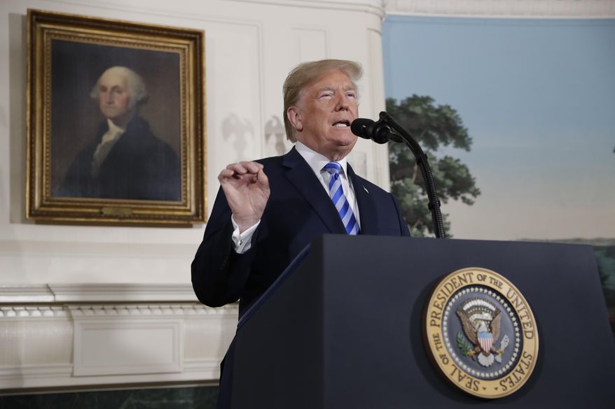 President Donald Trump delivers a statement on the Iran nuclear deal from the Diplomatic Reception Room of the White House, Tuesday, May 8, 2018, in Washington. (AP Photo/Evan Vucci)