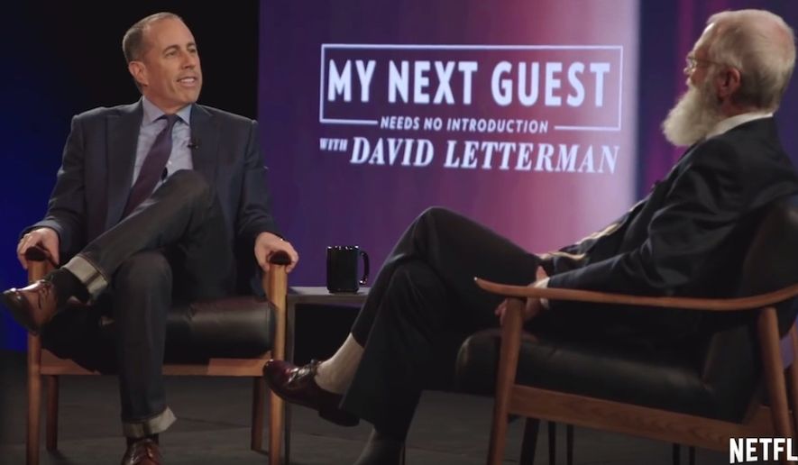 Comedian Jerry Seinfeld discusses the profession with David Letterman on the set of Netflix&#x27;s &quot;My Next Guest Needs No Introduction,&quot; May 8, 2017, in Los Angeles. (Image: YouTube, Netflix promotional material screenshot)