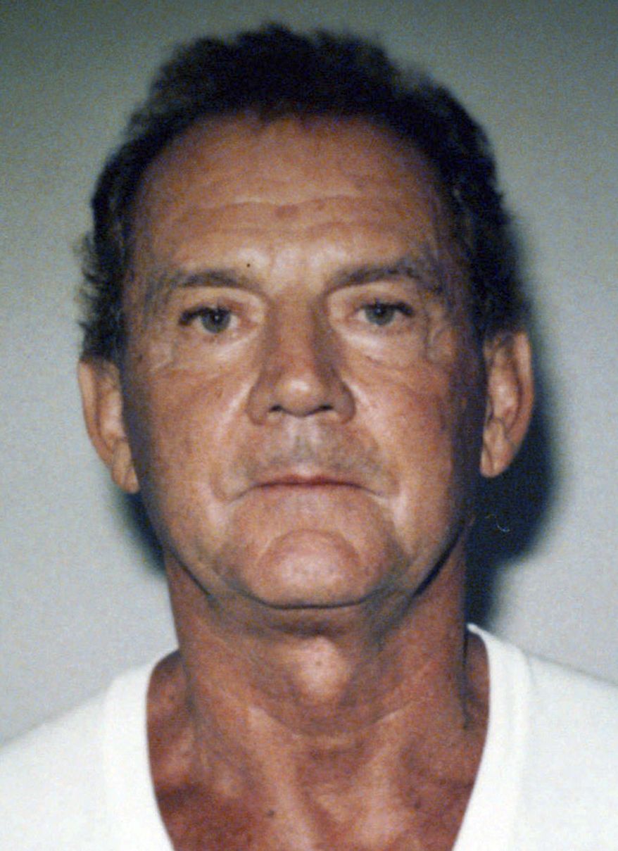 FILE - This 1995 file booking photo taken in West Palm Beach, Fla., and released by the FBI shows Francis P. "Cadillac Frank" Salemme. Opening statements are expected Wednesday, May 9, 2018 in federal court in Boston, in the trial of the ex-mafia boss Salemme and co-defendant Paul Weadick. Prosecutors said Salemme watched his son strangle nightclub owner Steven DiSarro in 1993 while Weadick held DiSarro's legs off the ground. Salemme and Weadick deny participating in DiSarro's killing. (Federal Bureau of Investigation via AP, File)