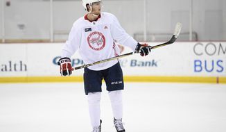 Washington Capitals left wing Andre Burakovsky skates on the ice at an NHL hockey practice, Thursday, May 10, 2018, in Arlington, Va. (AP Photo/Nick Wass)