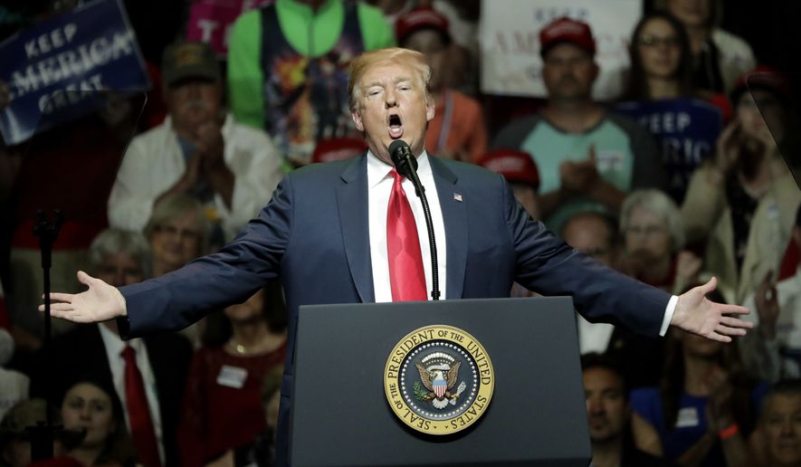 President Donald Trump addresses the crowd during a Republican campaign rally Thursday, May 10, 2018, in Elkhart, Ind. (AP Photo/Charles Rex Arbogast)