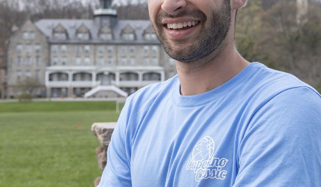 ADVANCE FOR WEEKEND EDITIONS, MAY 12 -13 - In this April 23, 2018 photo, Brian Florin, a first-year pre-theology student at Mount St. Mary&#x27;s seminary, poses in Emmitsburg, Md. A little over a year ago, Brian Florin was nearing the four-year mark with his girlfriend. But something else, or rather, someone, came between them: God. Which is how in a matter of months Florin went from your typical recent college grad with a customer service job and a long-term girlfriend to a student at Mount St. Mary’s Seminary in Emmitsburg studying to becoming a priest. (Bill Green/The Frederick News-Post via AP)