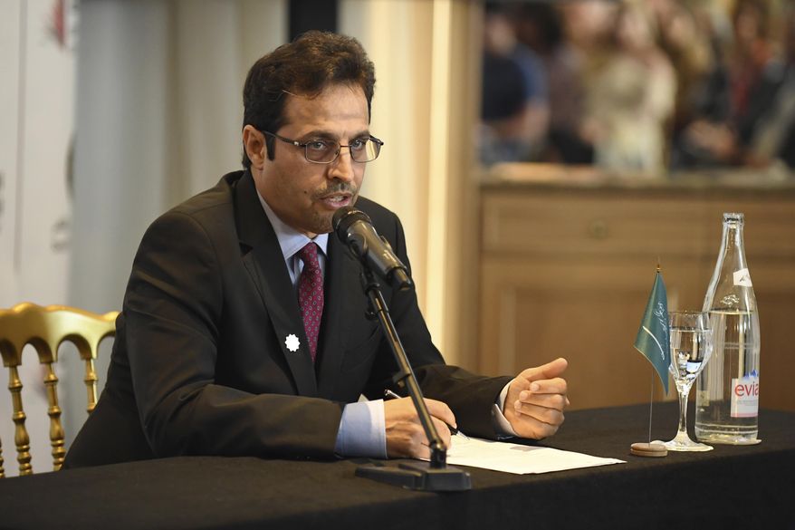 Ahmad Al-Mezyed, chief executive of the General Culture Authority, speaks during a press conference for the Saudi Arabia Film Council at the 71st international film festival, Cannes, southern France, Friday, May 11, 2018. Saudi Arabia recently lifted a 35-year ban on cinemas and has erected its first pavilion at this year's Cannes film festival. (Photo by Arthur Mola/Invision/AP)
