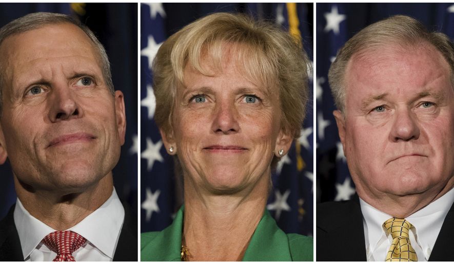 This combination of Oct. 19, 2017, file photos shows candidates seeking the Republican Party's nomination to challenge Democratic Pennsylvania Gov. Tom Wolf's re-election bid, from left, Paul Mango, a former health care systems consultant; Laura Ellsworth, a commercial litigation attorney; and Pennsylvania state Sen. Scott Wagner, R-York County, who owns the trash hauling firm Penn Waste Inc. based in York County. Republican Party voters in Pennsylvania will select a nominee to challenge Wolf's re-election bid during the state's Tuesday, May 15, 2018, primary election. (AP Photo/Matt Rourke)
