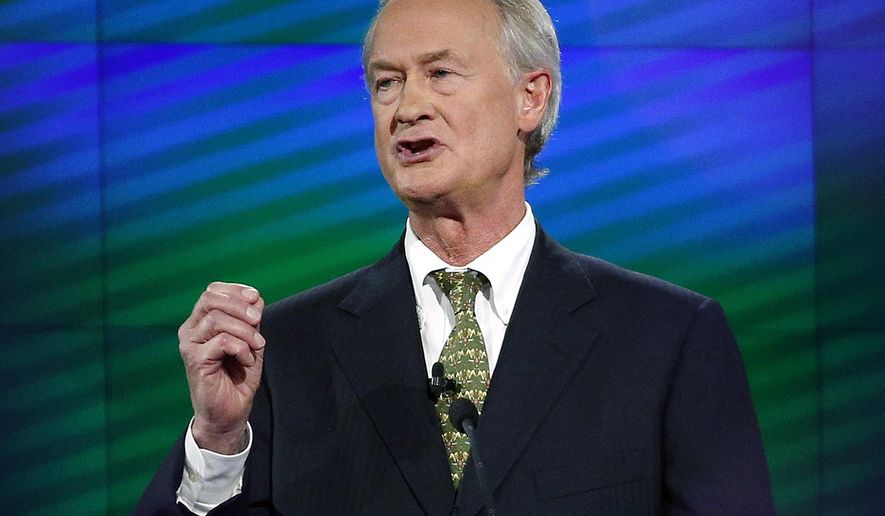 FILE - In this Oct. 13, 2015, file photo, former Rhode Island Gov. Lincoln Chafee speaks during the a Democratic presidential debate in Las Vegas. Chafee, a Republican-turned independent-turned-Democrat, is considering a 2018 run for the Senate seat he lost to Democrat Sheldon Whitehouse in 2006. (AP Photo/John Locher, File)
