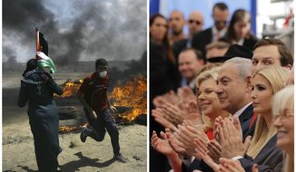 In this photo combination, Palestinians protest near the border of Israel and the Gaza Strip, left, and on the same day dignitaries, from left, Sara Netanyahu, her husband Israeli Prime Minister Benjamin Netanyahu, Senior White House Advisor Jared Kushner, and U.S. President Donald Trump&#39;s daughter, Ivanka Trump, applaud at the opening ceremony of the new U.S. embassy in Jerusalem on Monday, May 14, 2018. Netanyahu praised the inauguration of the embassy as a &quot;great day for peace,&quot; as dozens of Palestinians have been killed in Gaza amidst ongoing clashes. (AP Photo)