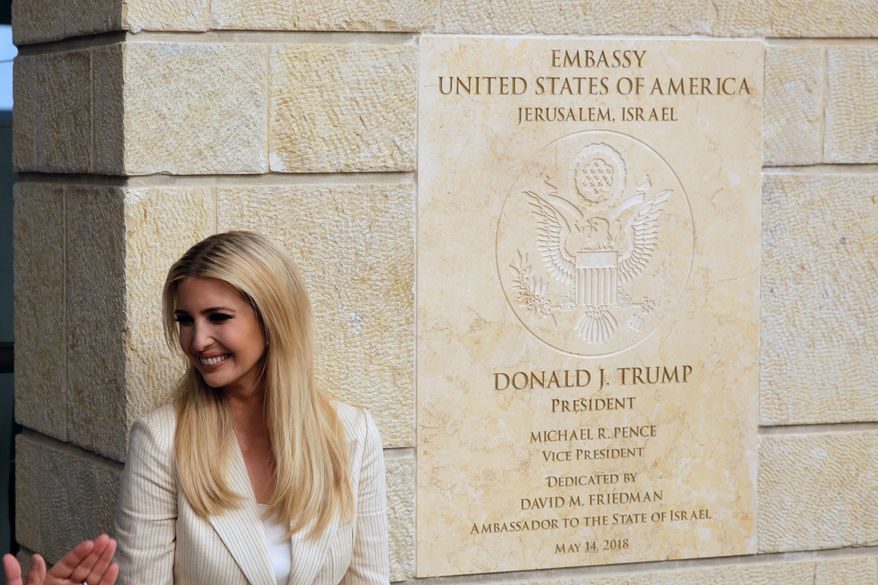 U.S. President Donald Trump&#39;s daughter Ivanka Trump, attends the opening ceremony of the new U.S. embassy in Jerusalem, Monday, May 14, 2018. Amid deadly clashes along the Israeli-Palestinian border, President Donald Trump&#39;s top aides and supporters on Monday celebrated the opening of the new U.S. Embassy in Jerusalem as a campaign promised fulfilled. (AP Photo/Sebastian Scheiner)