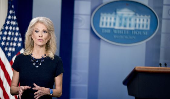 Counselor to the President Kellyanne Conway speaks on television in the Briefing Room at the White House in Washington, Monday, May 14, 2018. (AP Photo/Andrew Harnik) ** FILE **
