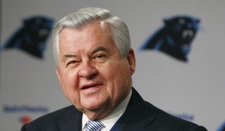 In this Jan. 15, 2013, file photo, Carolina Panthers owner Jerry Richardson speaks during a news conference for the NFL football team in Charlotte, N.C. People familiar with the situation say hedge fund manager David Tepper has agreed to buy the Panthers from Richardson for a record $2.2 billion. The people spoke to The Associated Press on Tuesday, May 15, 2018, on condition of anonymity because the team has not yet announced the sale. The purchase is subject to a vote at the NFL owners meeting next week in Atlanta. (AP Photo/Chuck Burton, File)