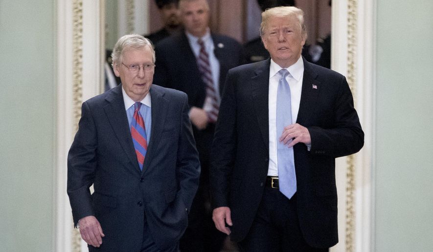 President Donald Trump accompanied by Senate Majority Leader Mitch McConnell of Ky., left, arrives for a Senate Republican Policy lunch on Capitol Hill in Washington, Tuesday, May 15, 2018. (AP Photo/Andrew Harnik)