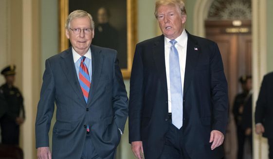 President Donald Trump walks with Senate Majority Leader Mitch McConnell, R-Ky., left, to a closed-door meeting with Senate Republicans at the Capitol in Washington, Tuesday, May 15, 2018. (AP Photo/J. Scott Applewhite)