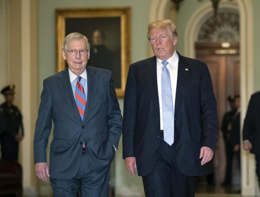 President Donald Trump walks with Senate Majority Leader Mitch McConnell, R-Ky., left, to a closed-door meeting with Senate Republicans at the Capitol in Washington, Tuesday, May 15, 2018. (AP Photo/J. Scott Applewhite)