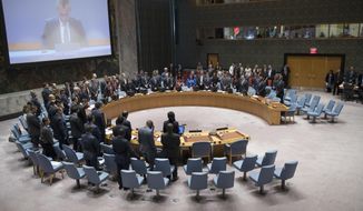 The United Nations Security Council observes a moment of silence for those killed during the deadly violence along the Israel-Gaza border before a meeting to discuss the situation, Tuesday, May 15, 2018, at United Nations headquarters. (AP Photo/Mary Altaffer) ** FILE **