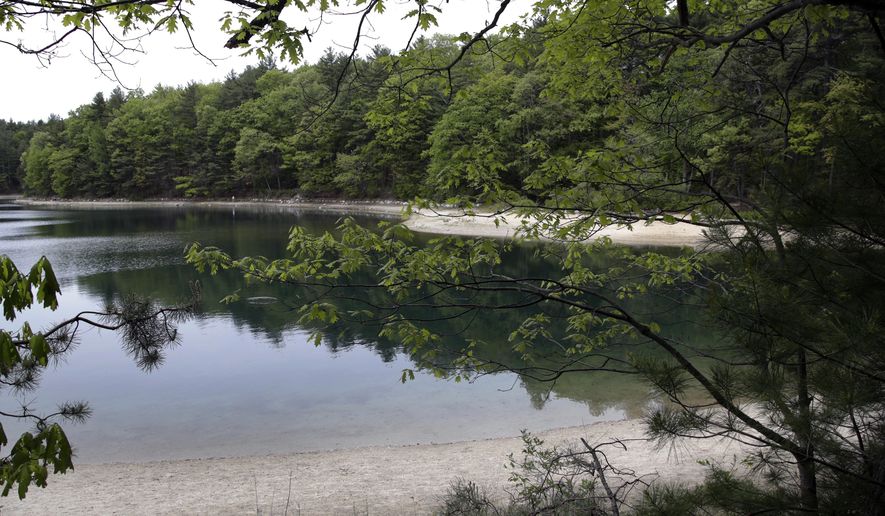A view of Walden Pond in Concord, Mass., where the 19th century American philosopher and naturalist Henry David Thoreau spent two years in solitude and reflection. A new Playstation game devoted to the Thoreau classic debuts on Tuesday, May 15, 2018. (AP Photo/Elise Amendola, File)