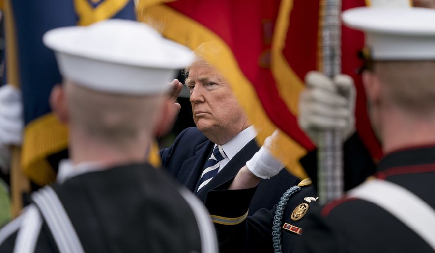 President Donald Trump salutes during a review of troops during a State Arrival Ceremony on the South Lawn of the White House in Washington, Tuesday, April 24, 2018. (AP Photo/Andrew Harnik) ** FILE **