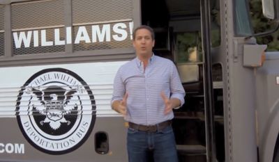 In this frame from video provided by the Michael Williams for Governor campaign, Williams shows off his &quot;Deportation Bus&quot; in an advertisement. News outlets report Williams will bring the bus to what his campaign calls Georgia&#39;s &quot;dangerous sanctuary cities&quot; beginning Wednesday, May 16, 2018. (Michael Williams for Governor via AP)