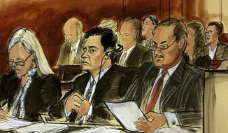 In this courtroom sketch Mehmet Hakan Atilla, second from left, listens to the judge during his sentencing, flanked by his attorneys Cathy Fleming, left, and Victor Rocco as Atilla&#39;s wife, upper right, listens to the proceedings Wednesday, May 16, 2018, in New York. U.S. District Judge Richard Berman imposed a sentence of 32 months in prison on the Turkish banker convicted of helping Iran evade U.S. sanctions. (Elizabeth Williams via AP)