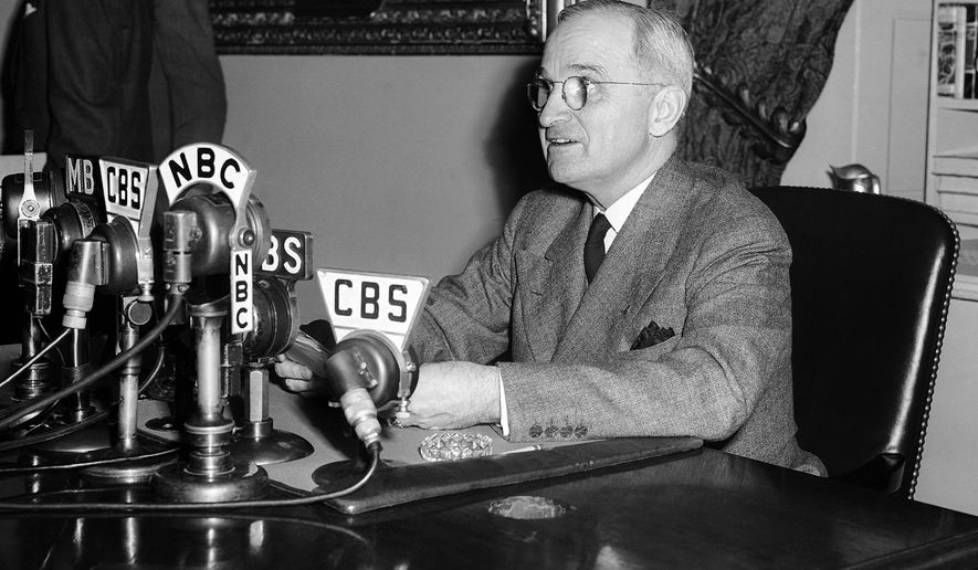 FILE - In this April 25, 1945, file photo, U.S. President Harry S. Truman speaks from a desk in Washington. The Missouri Senate on Tuesday, May 15, 2018, voted 32-0 on a proposal directing that a statue of the former president from Missouri be displayed in the U.S. Capitol. States get to choose two people for the National Statuary Hall Collection, and Missouri has displayed the same two men since the end of the 19th century. Truman will displace one of them. (AP Photo/File)