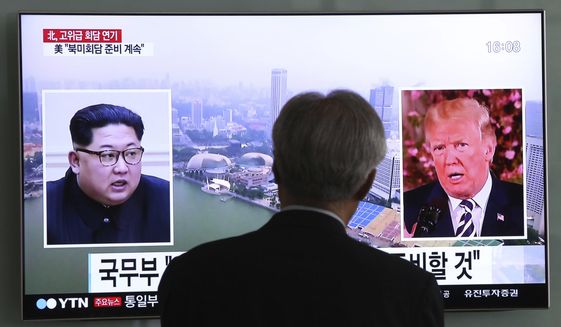 A man watches a TV screen showing file footage of U.S. President Donald Trump, right, and North Korean leader Kim Jong Un during a news program at the Seoul Railway Station in Seoul, South Korea, Wednesday, May 16, 2018. North Korea&#39;s breaking off a high-level meeting with South Korea and threatening to scrap next month&#39;s historic summit with President Trump over allied military drills is seen as a move by Kim to gain leverage and establish that he&#39;s entering the crucial nuclear negotiations from a position of strength. Washington and Seoul, which have no intentions to overpay for whatever Kim brings to the table, say international sanctions forced Kim into talks after a flurry of weapons tests. (AP Photo/Ahn Young-joon)