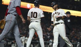 San Francisco Giants&#39; Evan Longoria (10) and Brandon Crawford celebrate after scoring as Cincinnati Reds&#39; Tyler Mahle, left, walks back to the mound during the fourth inning of a baseball game Tuesday, May 15, 2018, in San Francisco. Both scored on a single by Pablo Sandoval. (AP Photo/Ben Margot)