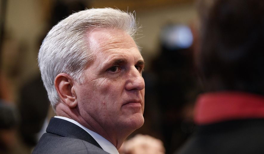 House Majority Leader Rep. Kevin McCarthy, California Republican, listens during a roundtable on immigration policy in California in the Cabinet Room of the White House on May 16, 2018. (Associated Press) **FILE**