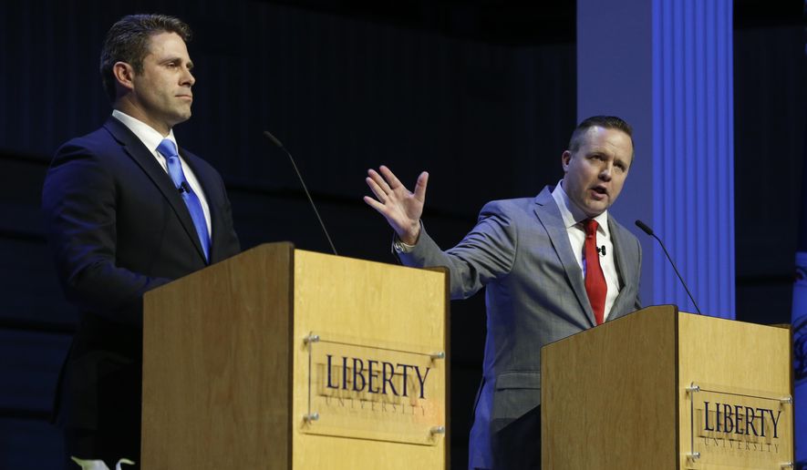 Virginia state Delegate Nick Freitas (left) says he supports key aspects of President Trump&#39;s agenda but that senators don&#39;t sign a &quot;loyalty oath.&quot; Corey Stewart, one of his opponents in the Republican senatorial primary on Tuesday, has billed himself as the only true pro-Trump candidate. Chesapeake Bishop E.W. Jackson (not pictured), the only black candidate in the race, said the president isn&#39;t getting enough backing from congressional Republicans and that he is the person to change that. (Associated Press/File)

