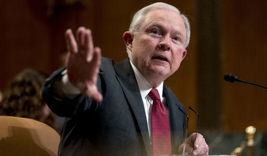 Attorney General Jeff Sessions speaks at a Senate Appropriations subcommittee on the Department of Justice&#x27;s budget on Capitol Hill, Wednesday, April 25, 2018, in Washington. (AP Photo/Andrew Harnik) **FILE**