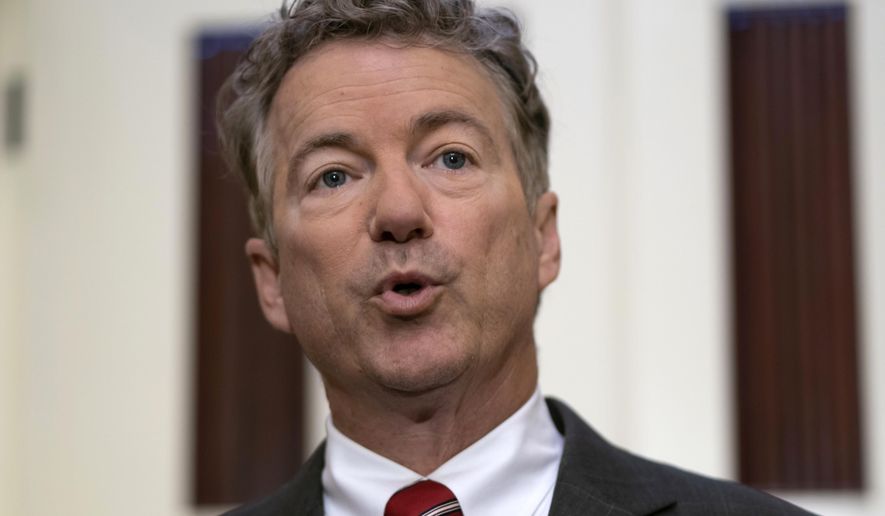In this April 18, 2018, file photo, Sen. Rand Paul, R-Ky., speaks on Capitol Hill in Washington. On May 17, the Senate rejected an attempt by Paul to force a debate on sweeping budget cuts and federal deficits that are growing despite a strong economy. (AP Photo/J. Scott Applewhite, File)