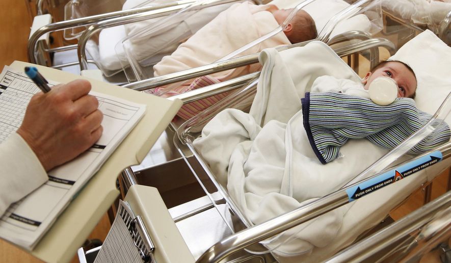 FILE - This Thursday, Feb. 16, 2017 file photo shows newborn babies in the nursery of a postpartum recovery center in upstate New York. According to a Centers for Disease Control and Prevention report released on Thursday, May 17, 2018, 2017 saw the lowest number of U.S. births in 30 years, with birth rates declining not only for women in their teens and 20's but _ surprisingly _ also women in their 30's. (AP Photo/Seth Wenig)