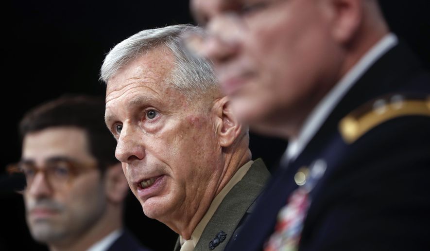 Marine Gen. Thomas D. Waldhauser, commander, center, U.S. Africa Command, with Assistant Secretary of Defense for International Security Affairs Robert S. Karem, left, and Army Maj. Gen. Roger L. Cloutier, right, chief of staff, U.S. Africa Command, and lead investigating officer, brief members of the media at the Pentagon, Thursday, May 10, 2018. The Pentagon said multiple failures are to blame for the Niger ambush that killed four U.S. service members last October, citing insufficient training and preparation as well as the team's deliberate decision to go after a high-level Islamic State group insurgent without proper command approval. (AP Photo/Pablo Martinez Monsivais)