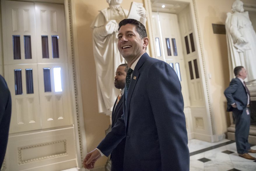 Speaker of the House Paul Ryan, R-Wis., heads to the chamber for a contested vote on the farm bill, at the Capitol in Washington, Friday, May 18, 2018. Passage of the farm bill is a priority for GOP leaders, who are eager to pitch to voters its tougher work requirements for food stamps, a party priority that polls well with voters. (AP Photo/J. Scott Applewhite)