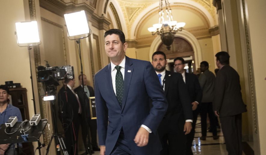 Speaker of the House Paul Ryan, Wisconsin Republican, emerges from the chamber just after key conservatives in the rebellious House Freedom Caucus helped to kill passage of the farm bill which had been a priority for GOP leaders, at the Capitol in Washington on May 18, 2018. (Associated Press) **FILE**