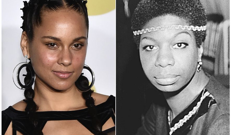 This combination photo shows Alicia Keys at the 60th annual Grammy Awards in New York on a Jan. 28, 2018,left, and jazz singer Nina Simone in London on Dec. 5, 1968. Keys is among the readers for an audio edition of “Good Night Stories for Rebel Girls” and “Good Night Stories for Rebel Girls 2.” The two audiobooks, coming out June 19 from Penguin Random House Audio, each feature 100 short biographies of famous women. Keys will talk abot Simone. (AP Photo)