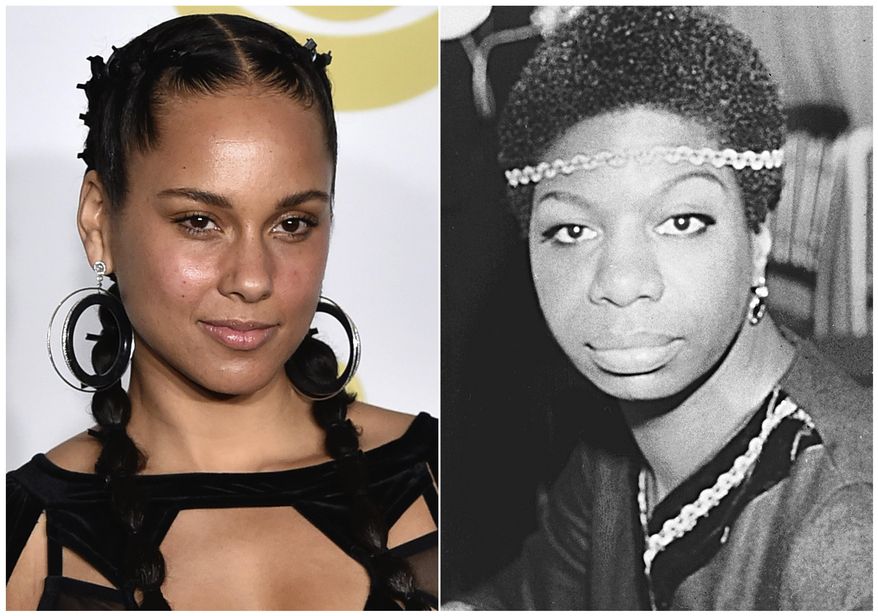 This combination photo shows Alicia Keys at the 60th annual Grammy Awards in New York on a Jan. 28, 2018,left, and jazz singer Nina Simone in London on Dec. 5, 1968. Keys is among the readers for an audio edition of “Good Night Stories for Rebel Girls” and “Good Night Stories for Rebel Girls 2.” The two audiobooks, coming out June 19 from Penguin Random House Audio, each feature 100 short biographies of famous women. Keys will talk abot Simone. (AP Photo)