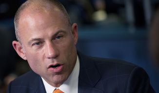 FILE - In this Thursday, May 10, 2018 file photo, Michael Avenatti, Stormy Daniel&#39;s attorney, is interviewed on the Cheddar network in New York. Attorneys for President Donald Trump’s personal lawyer say Avenatti, a lawyer for porn star Stormy Daniels has created a “carnival atmosphere” and should be kept from a New York court. (AP Photo/Mark Lennihan, File)
