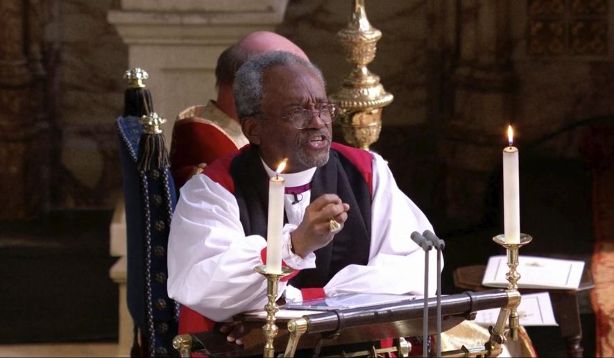 In this frame from video, the Most Rev. Michael Bruce Curry speaks during the wedding ceremony of Britain&#39;s Prince Harry and Meghan Markle at St. George&#39;s Chapel in Windsor Castle in Windsor, near London, England, Saturday, May 19, 2018.  (UK Pool/Sky News via AP)