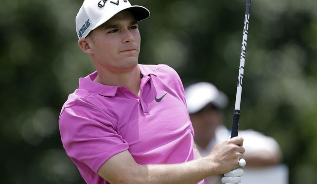 Aaron Wise follows his shot off the eighth tee during the third round of the AT&amp;amp;T Byron Nelson golf tournament, Saturday, May 19, 2018, in Dallas, Texas. (AP Photo/Eric Gay)