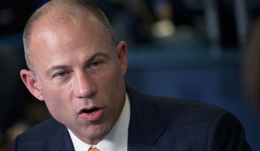 Michael Avenatti, Stormy Daniel's attorney, is interviewed on the Cheddar network, Thursday, May 10, 2018, in New York. (AP Photo/Mark Lennihan)