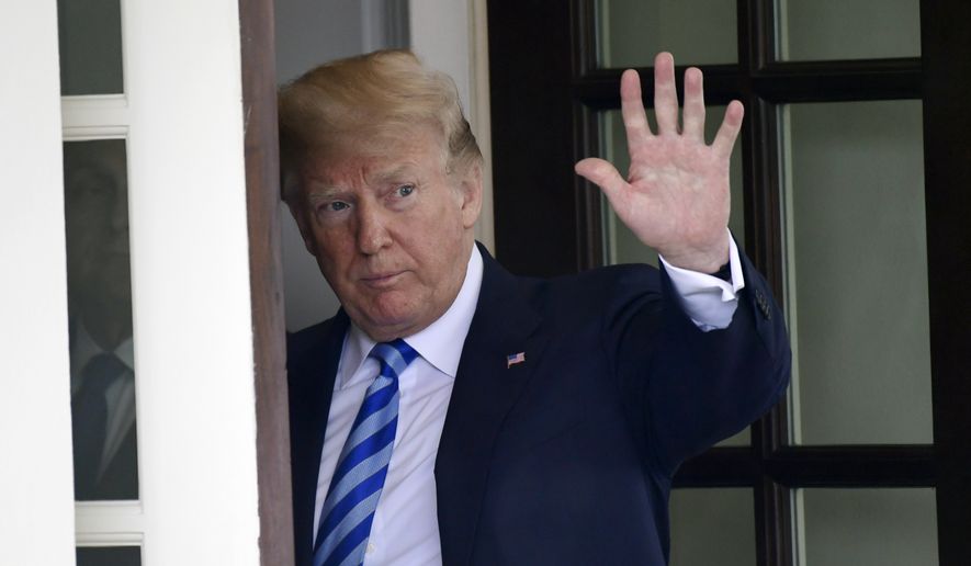 In this Wednesday, May 16, 2018, file photo, U.S. President Donald Trump waves from the White House, in Washington. In a series of tweets Sunday, May 20, 2018, Trump skims over the facts involving the investigations into Russian meddling in the 2016 election. (AP Photo/Susan Walsh, File)