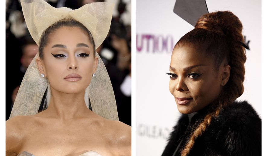 In a May 7, 2018, file photo, Ariana Grande, left, attends The Metropolitan Museum of Art's Costume Institute benefit gala celebrating the opening of the Heavenly Bodies: Fashion and the Catholic Imagination exhibition in New York. In a Nov. 9, 2017, file photo, Janet Jackson, right, attends the 22nd Annual OUT100 Celebration Gala at the Altman Building on Thursday, Nov. 9, 2017, in New York. After celebrating her 52nd birthday and the 25th anniversary of her groundbreaking “janet.” album, Jackson will be capping off an epic week with her first televised performance in nine years at the Billboard Music Awards. Jackson will also receive the Icon Award on Sunday at the MGM Grand Garden Arena in Las Vegas, where today’s hitmakers will also hit the stage, from Grande to John Legend. (AP Photos/Invision, File)
