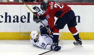 Tampa Bay Lightning left wing Ondrej Palat (18), from the Czech Republic, gets hit by Washington Capitals right wing Devante Smith-Pelly (25) during the second period of Game 6 of the NHL Eastern Conference finals hockey playoff series, Monday, May 21, 2018, in Washington. (AP Photo/Alex Brandon)