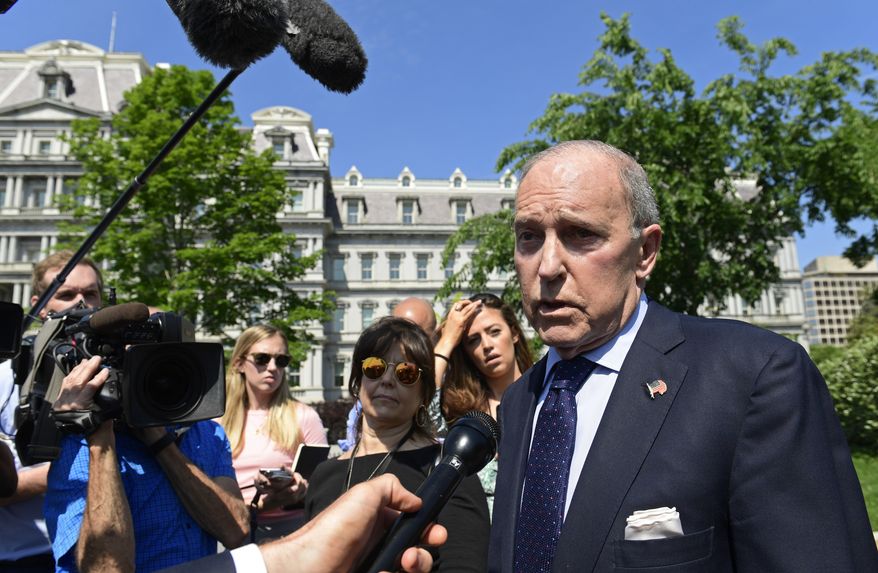 White House National Economic Council Director Larry Kudlow speaks to reporters at the White House in Washington, Monday, May 21, 2018. (AP Photo/Susan Walsh)