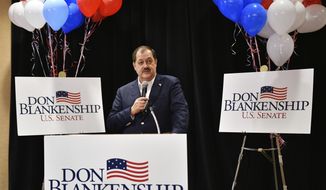 FILE - In this May 8, 2018, file photo, former Massey Energy CEO Don Blankenship speaks to supporters in Charleston, W.Va. Despite having lost the Republican primary, convicted ex-coal baron Blankenship said he’s going to continue his bid for U.S. Senate as a third-party candidate. Blankenship’s campaign said in a news release Monday, May 21, that he’ll be running as a member of the Constitution Party, which nominated him by a unanimous vote. (AP Photo/Tyler Evert, File)