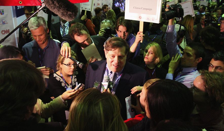 Mark Penn, a supporter of the Clinton campaign, as he responds to questions in the &quot;Spin Room&quot; following the debate between Democratic presidential hopefuls Sen. Hillary Clinton, D-N.Y. and Sen. Barack Obama, D-Ill., on the University of Texas-Austin campus, in this, Feb. 21, 2008 file photo. Penn, the pollster and senior strategist for Hillary Rodham Clinton&#39;s presidential bid, left the campaign Sunday April 6, 2008, after it was disclosed he met with representatives of the Colombian government to help promote a free trade agreement Clinton opposes. (AP Photo/Austin American-Statesman, Larry Kolvoord, file)
